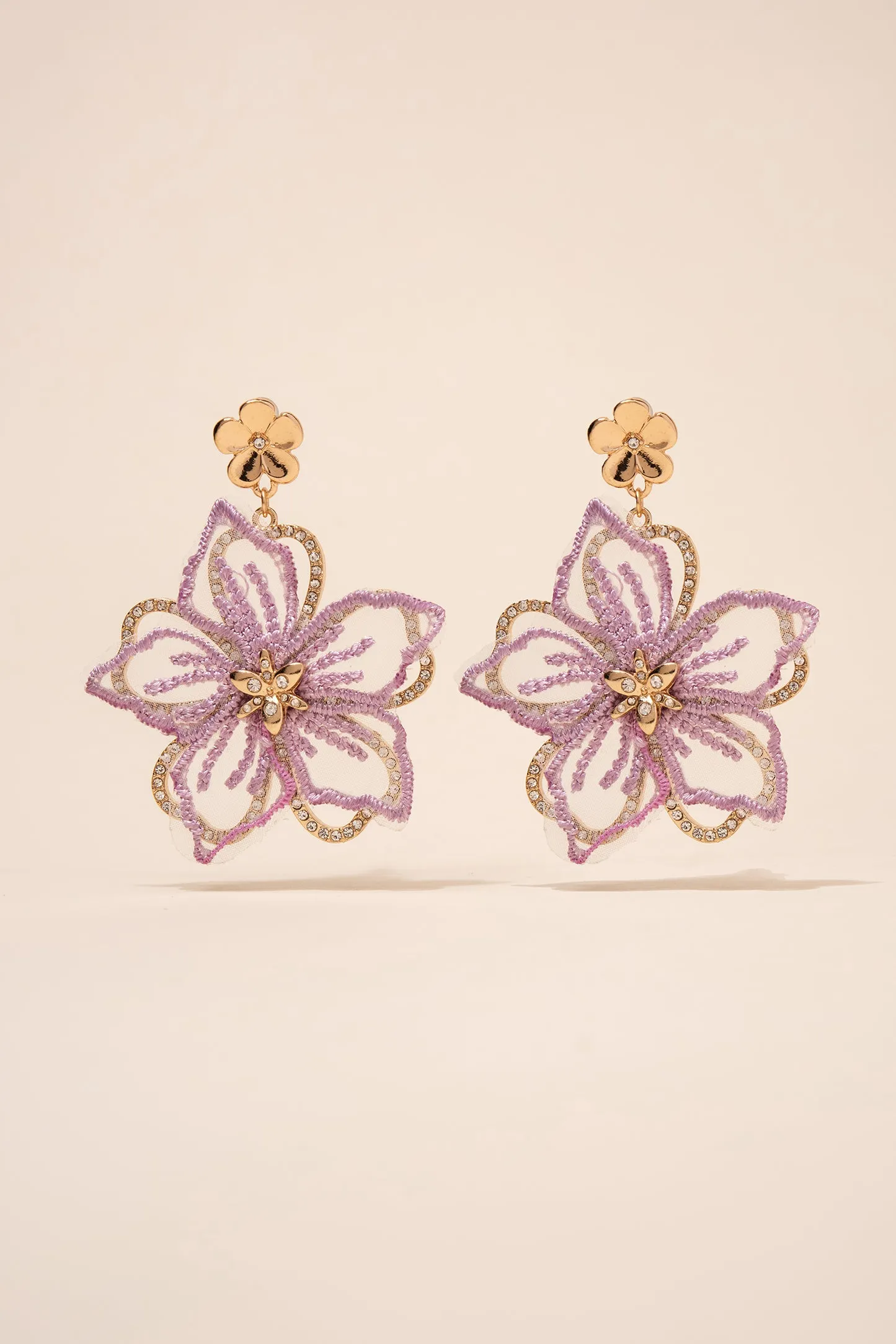 Embroidered Rhinestone Flower Earrings