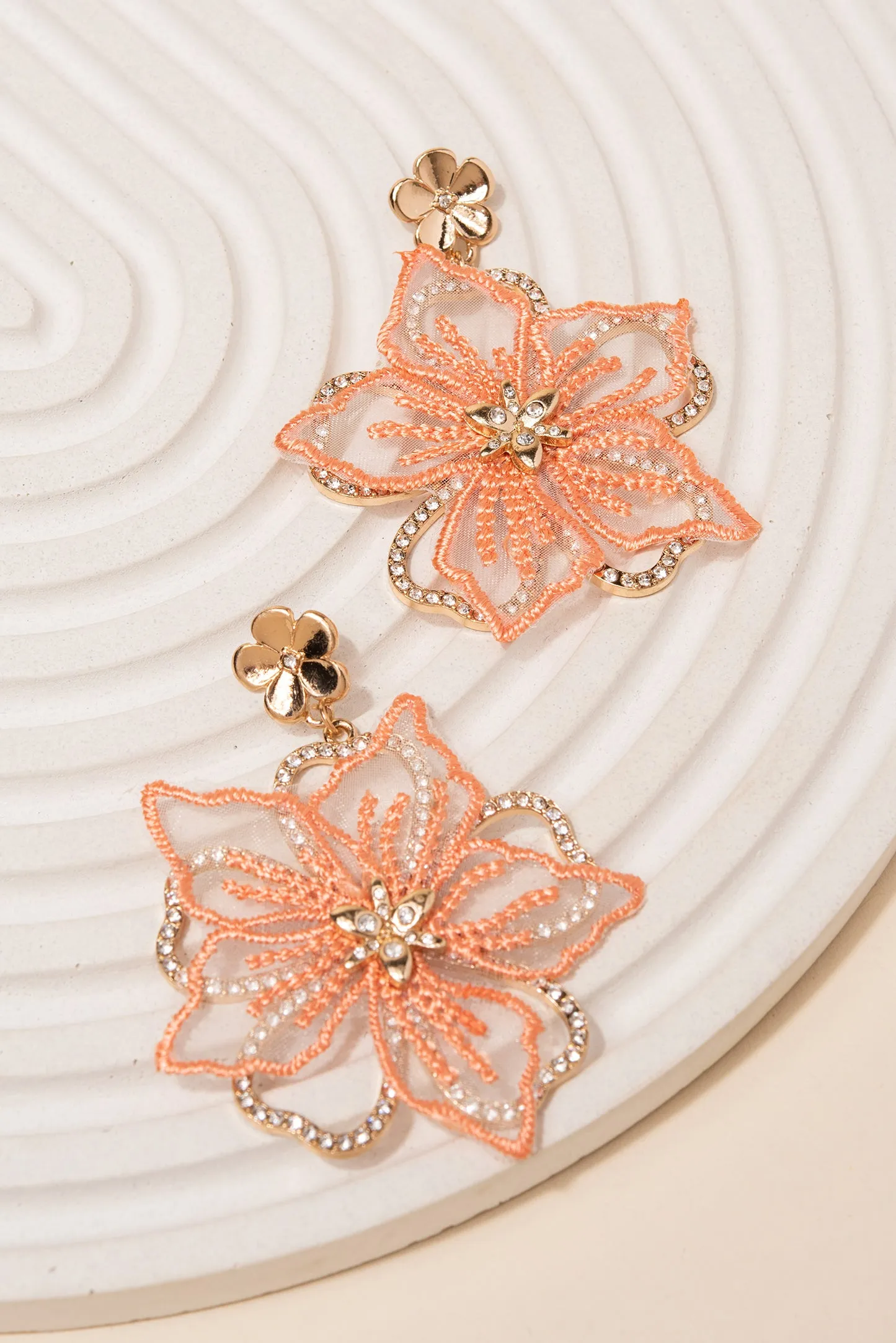 Embroidered Rhinestone Flower Earrings