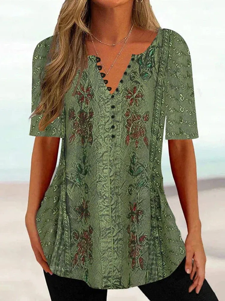 Floral Print Henley Tunic Tee for Women