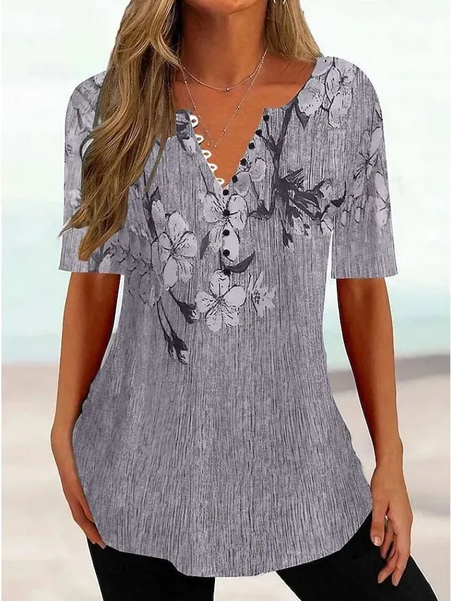 Floral Print Henley Tunic Tee for Women