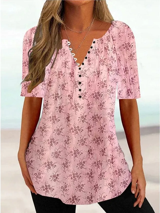 Floral Print Henley Tunic Tee for Women