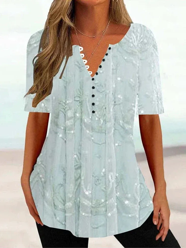 Floral Print Henley Tunic Tee for Women