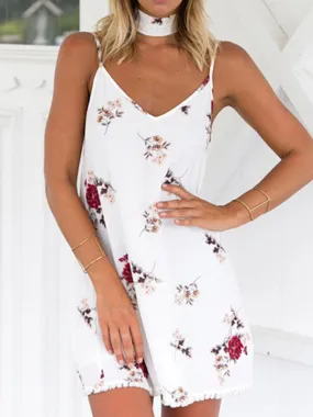 Floral Spaghetti Strap V Neck Mini Beach Dress