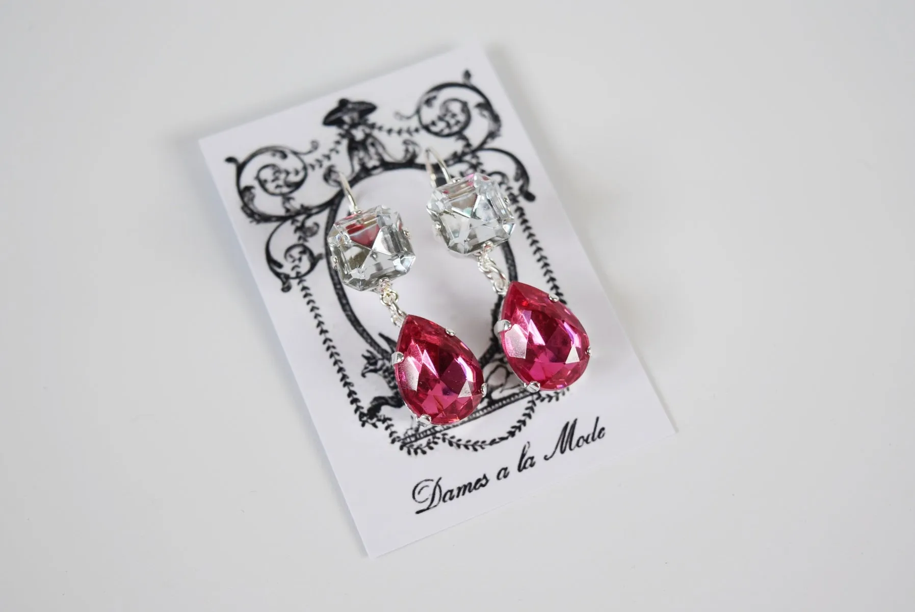 Fuchsia Pink and Crystal Teardrop Earrings