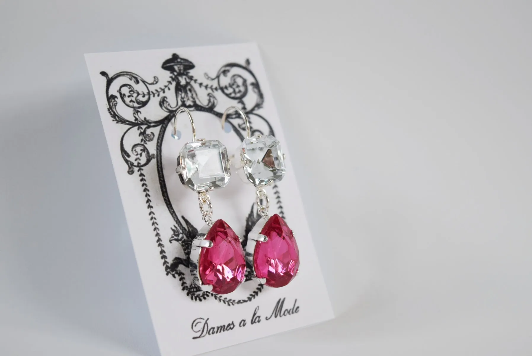 Fuchsia Pink and Crystal Teardrop Earrings