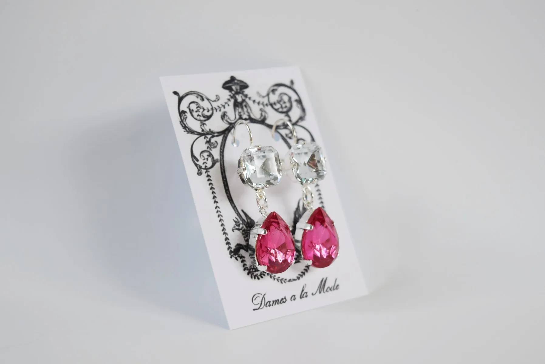 Fuchsia Pink and Crystal Teardrop Earrings