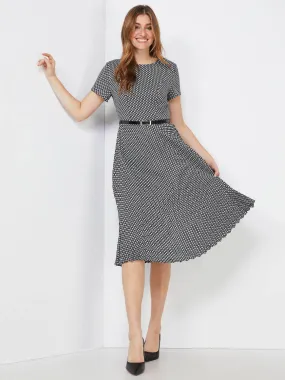 Geo Print Belted Pleated Midi Dress