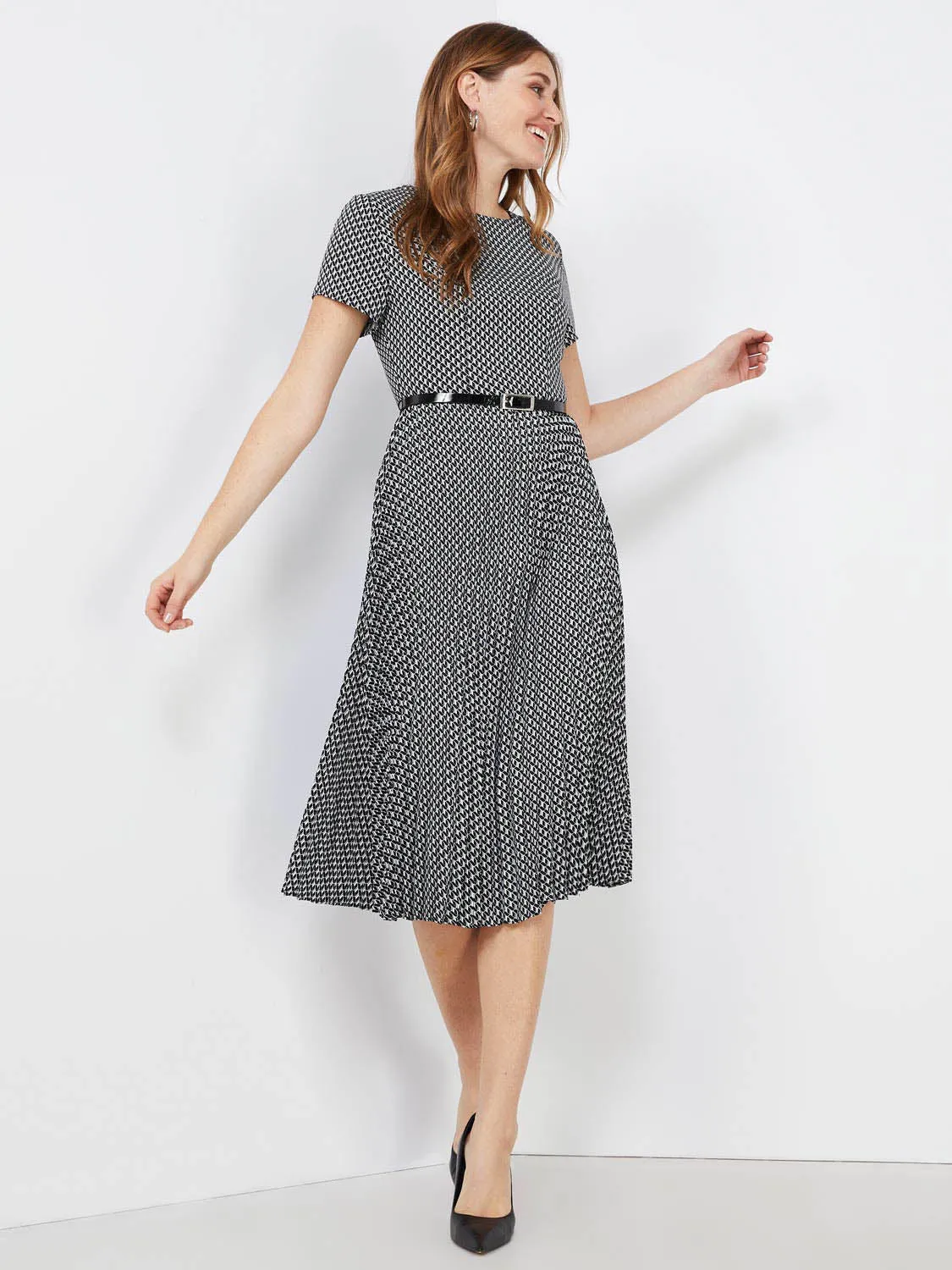 Geo Print Belted Pleated Midi Dress