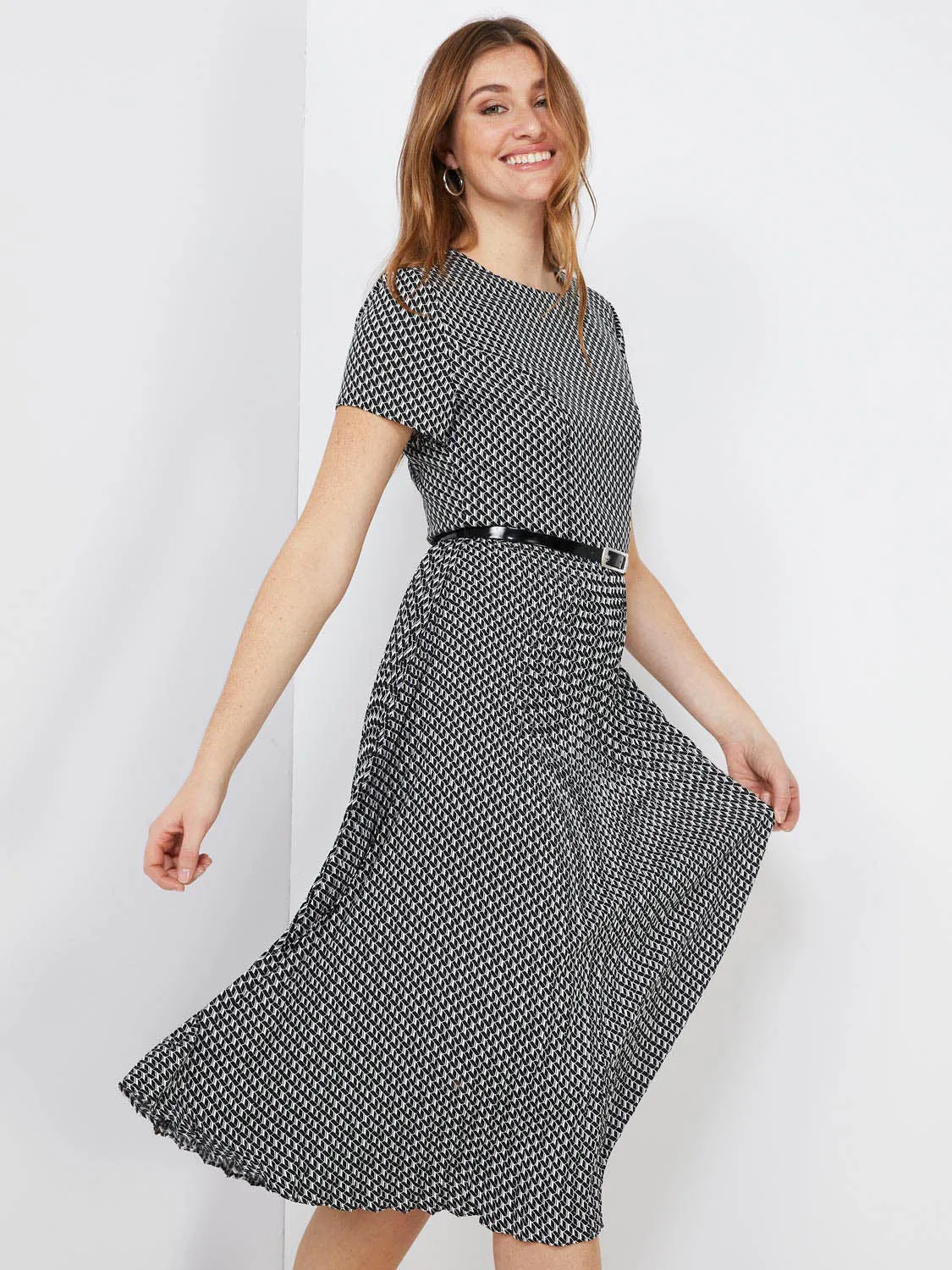 Geo Print Belted Pleated Midi Dress