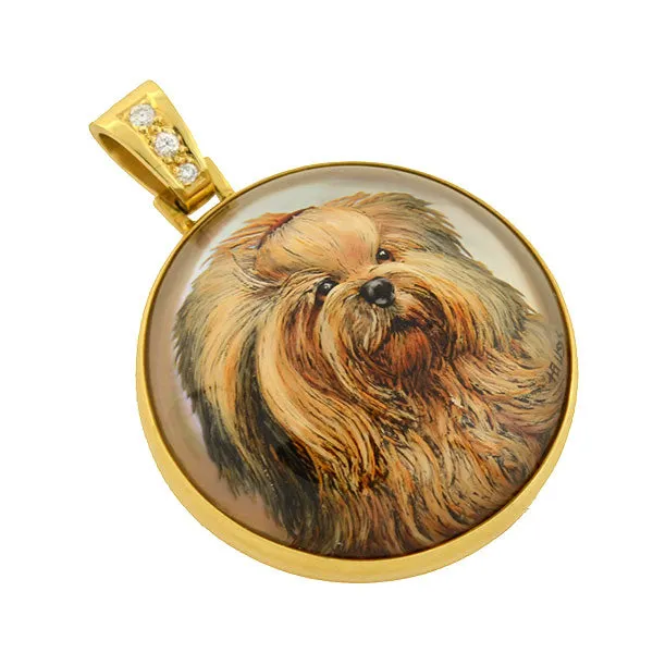 H. BUSSMER Vintage 18kt Reverse Carved Rock Crystal Shih Tzu Dog Pendant