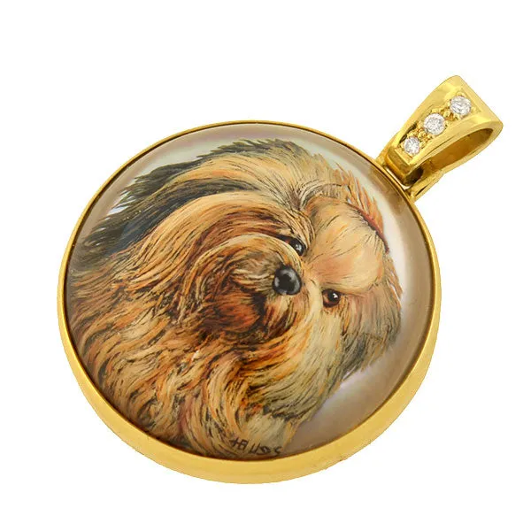 H. BUSSMER Vintage 18kt Reverse Carved Rock Crystal Shih Tzu Dog Pendant