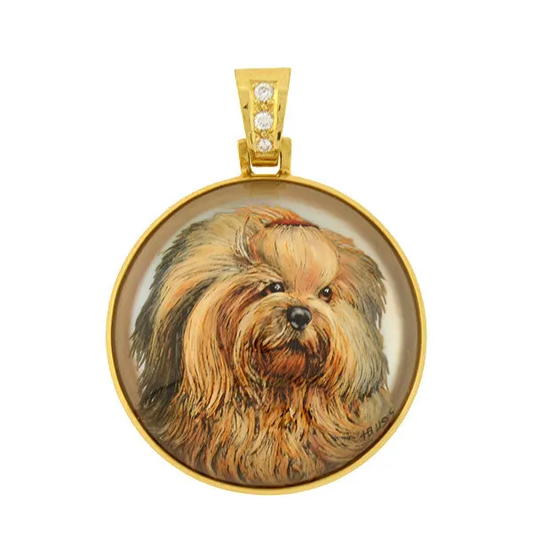 H. BUSSMER Vintage 18kt Reverse Carved Rock Crystal Shih Tzu Dog Pendant