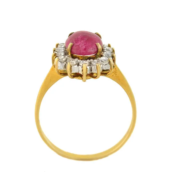 Late Art Deco 14kt 1ctw Ruby Cabochon Diamond Cluster Ring