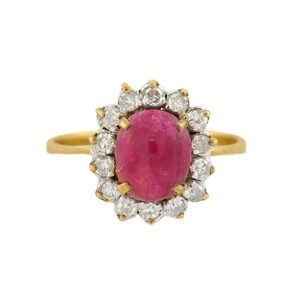 Late Art Deco 14kt 1ctw Ruby Cabochon Diamond Cluster Ring