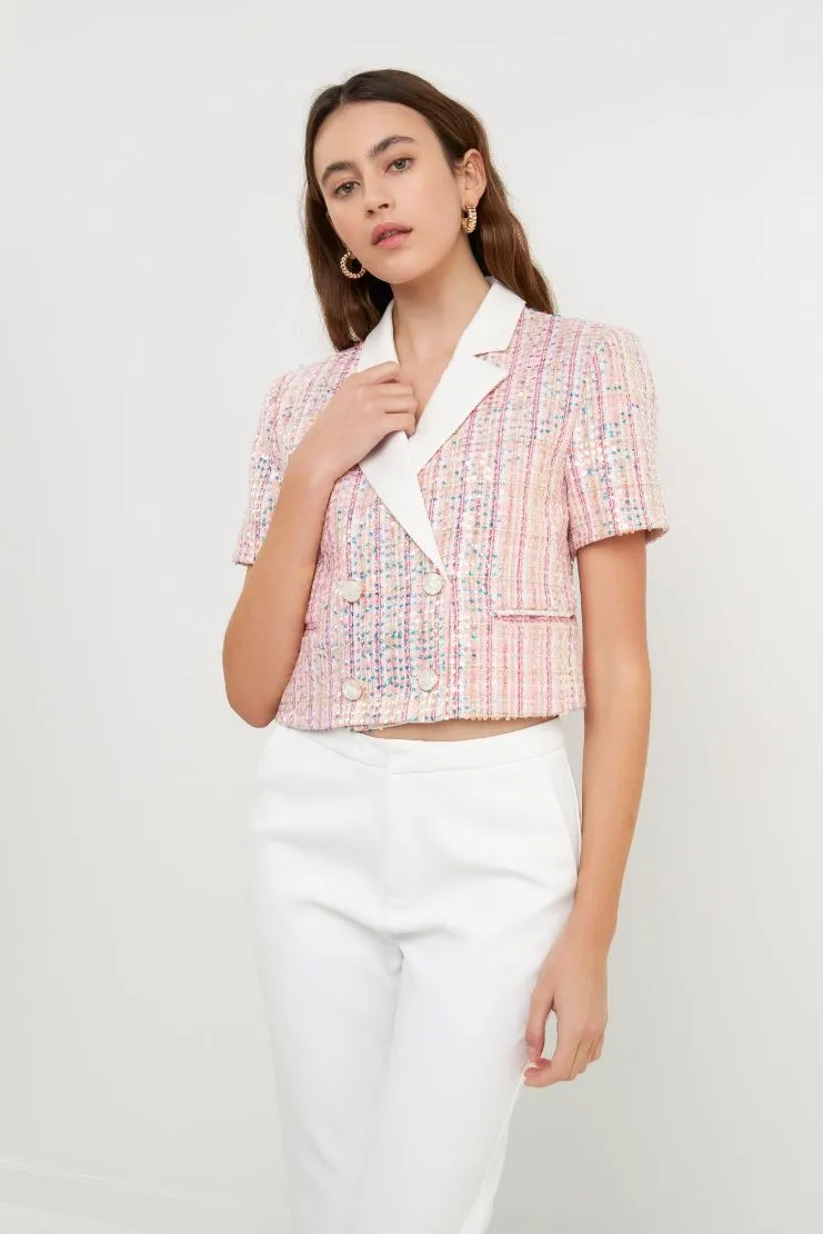 Libby Pink Tweed Sequin Short Sleeve Jacket