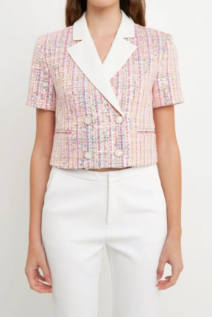 Libby Pink Tweed Sequin Short Sleeve Jacket