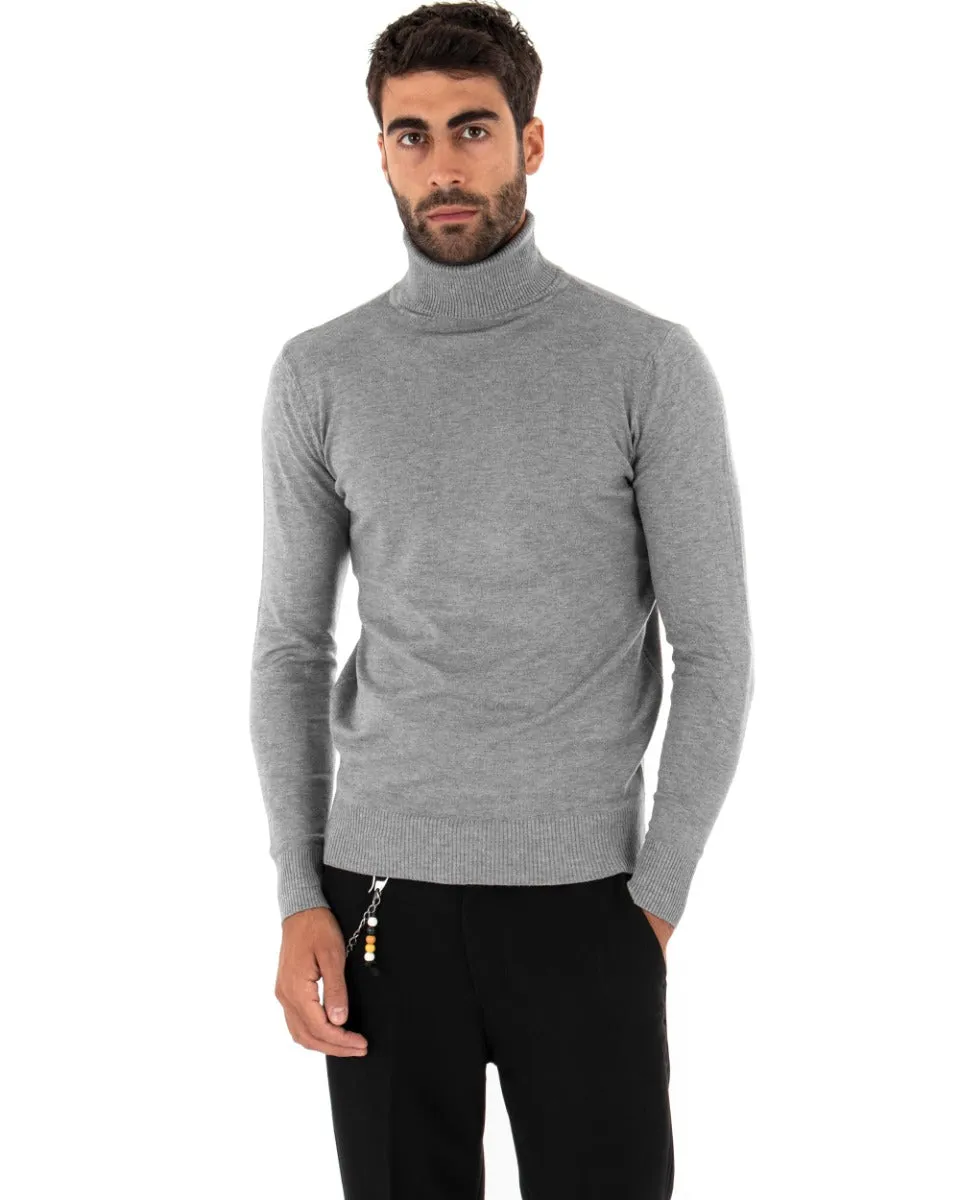 Maglioncino Uomo Maglia Maniche Lunghe Collo Alto Elastico Tinta Unita Grigio Chiaro GIOSAL-M2539A