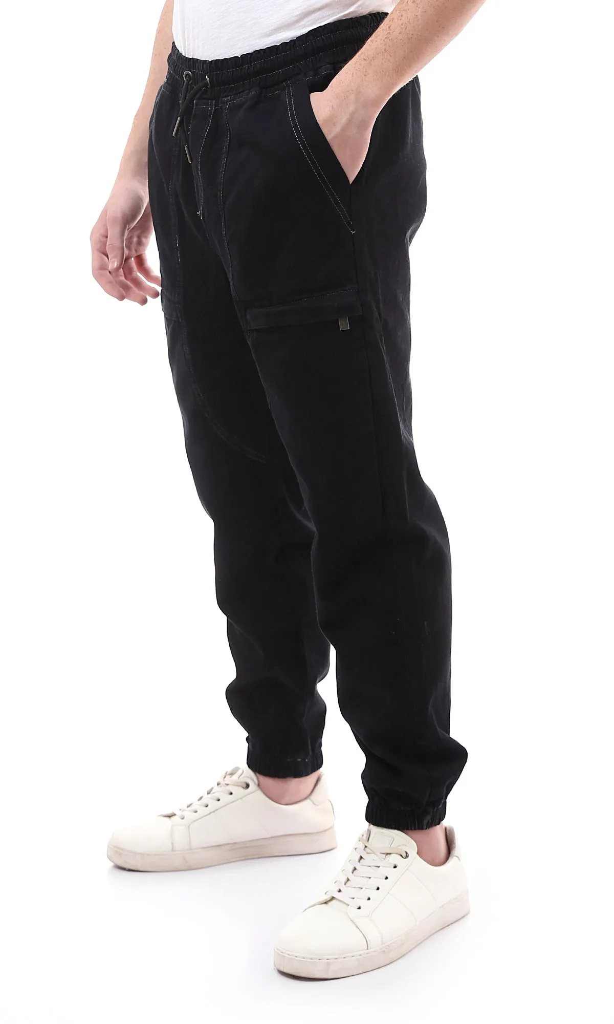 O168513 Elastic Waist With Drawstring Black Jogger Pants