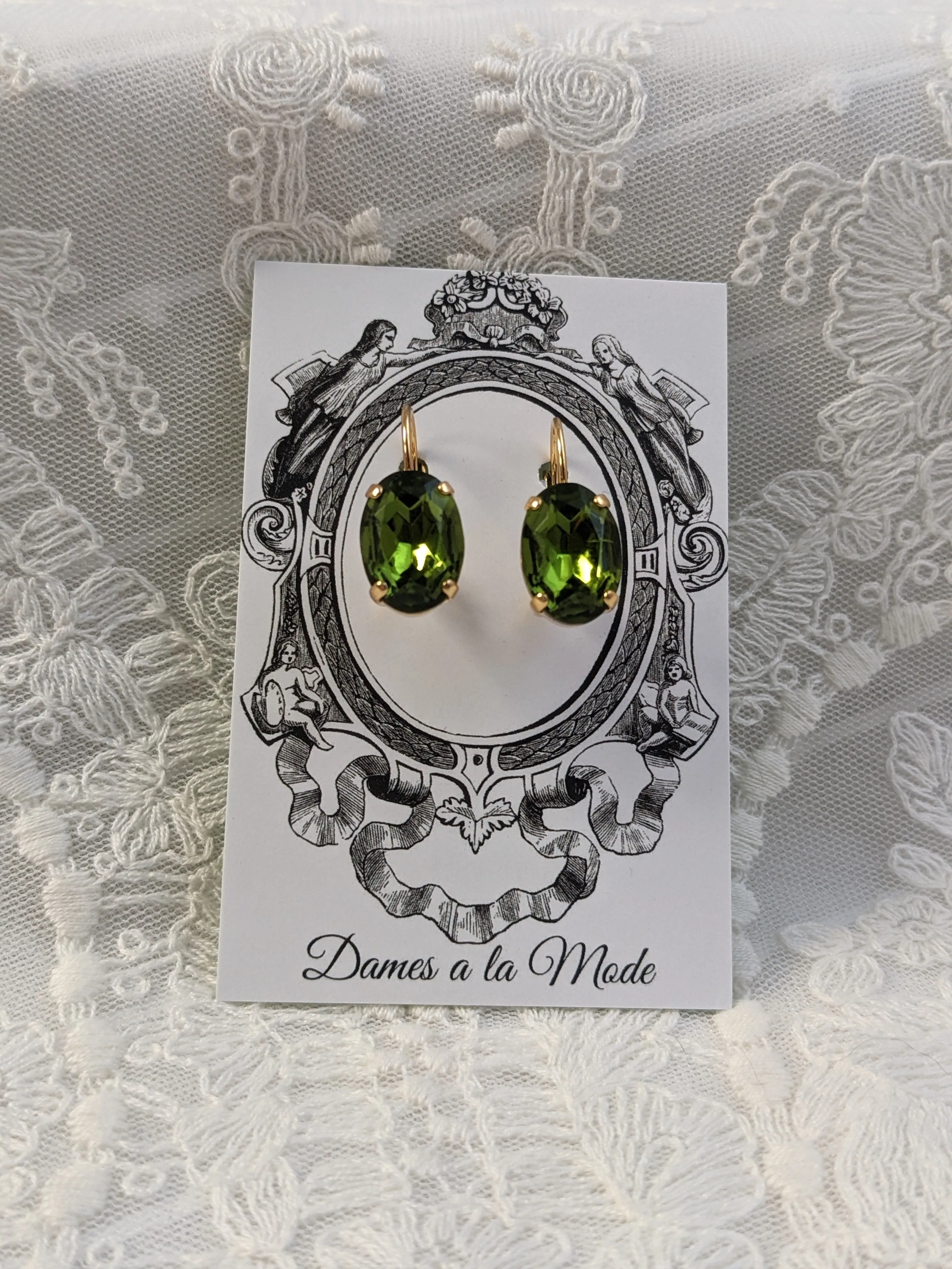 Olive Green Crystal Earrings - Medium Oval