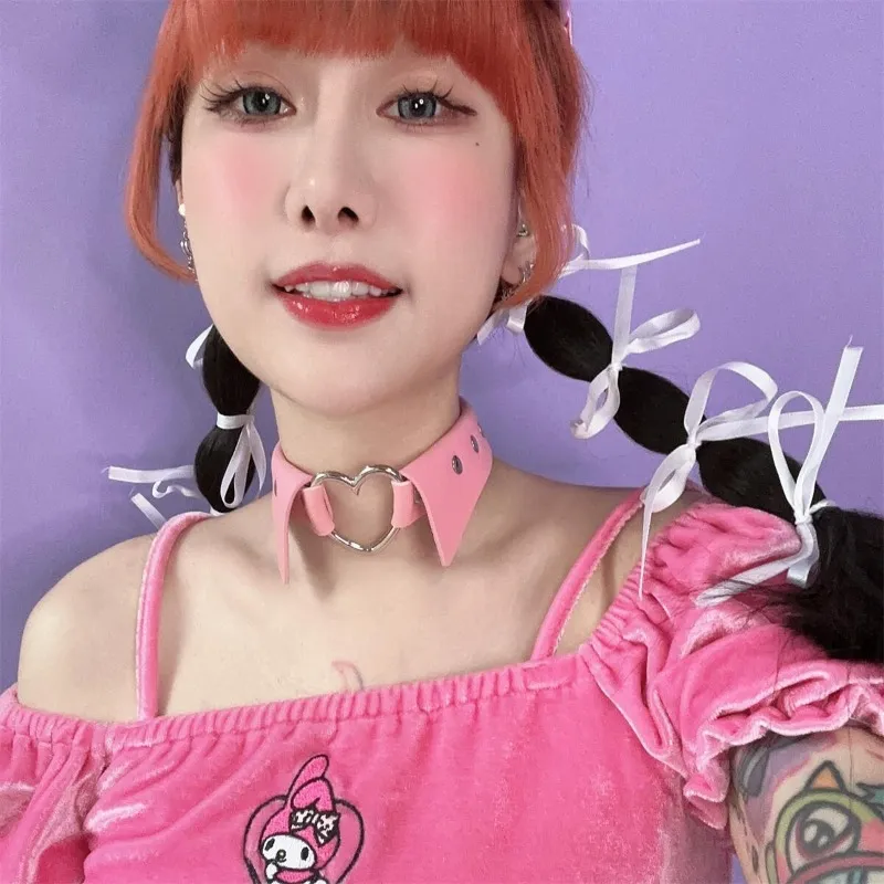 Pink Fake Collar Hollow SIiver Heart PU Choker ON789