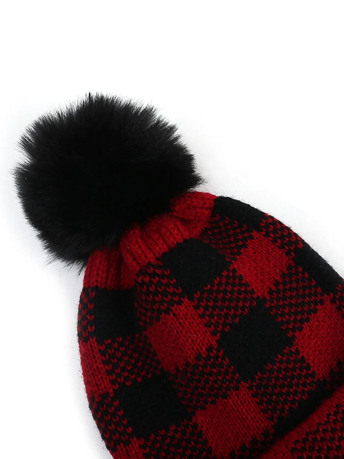 Red & Black Plaid Hairball Knitted Child Hat