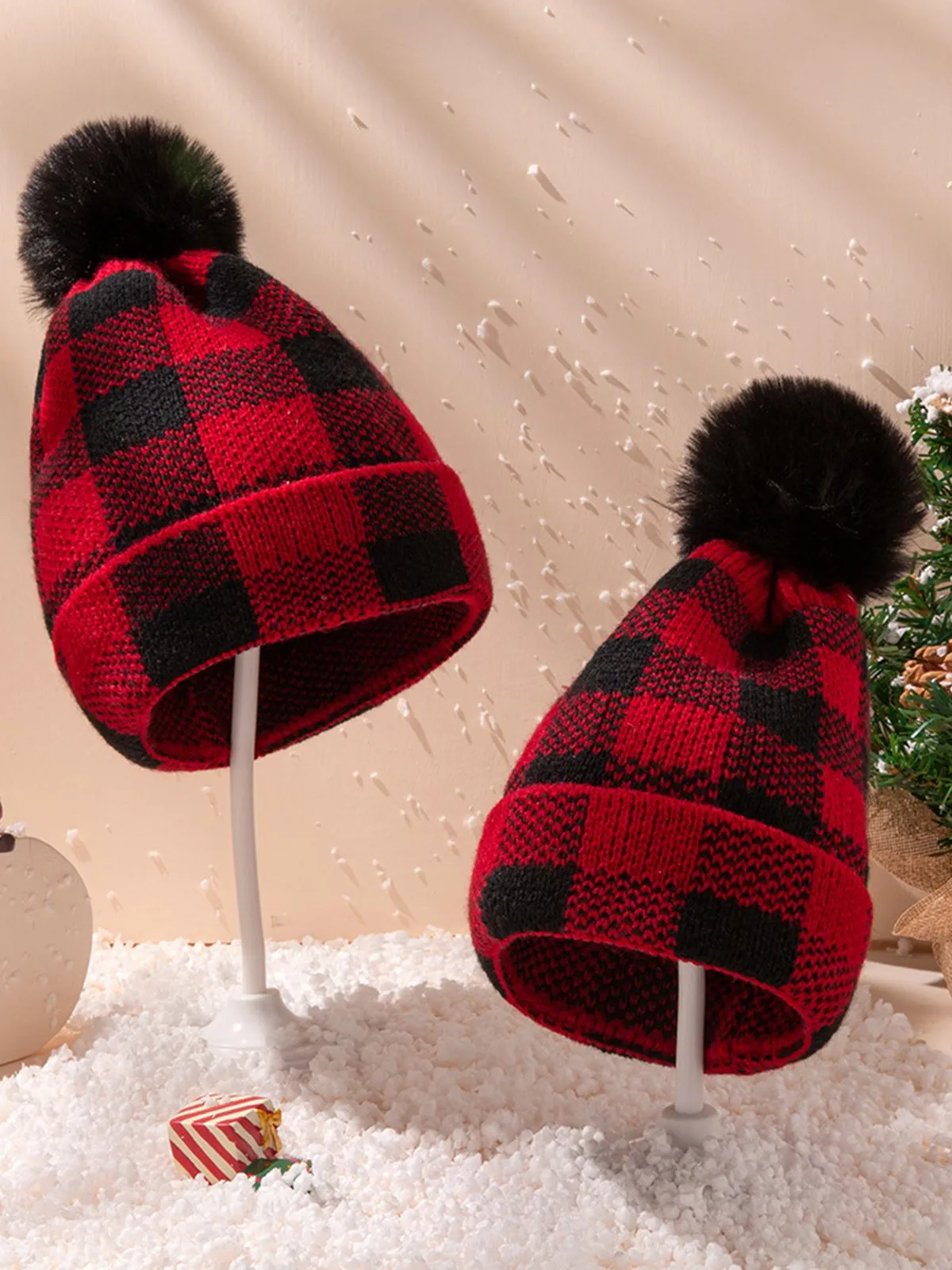 Red & Black Plaid Hairball Knitted Child Hat