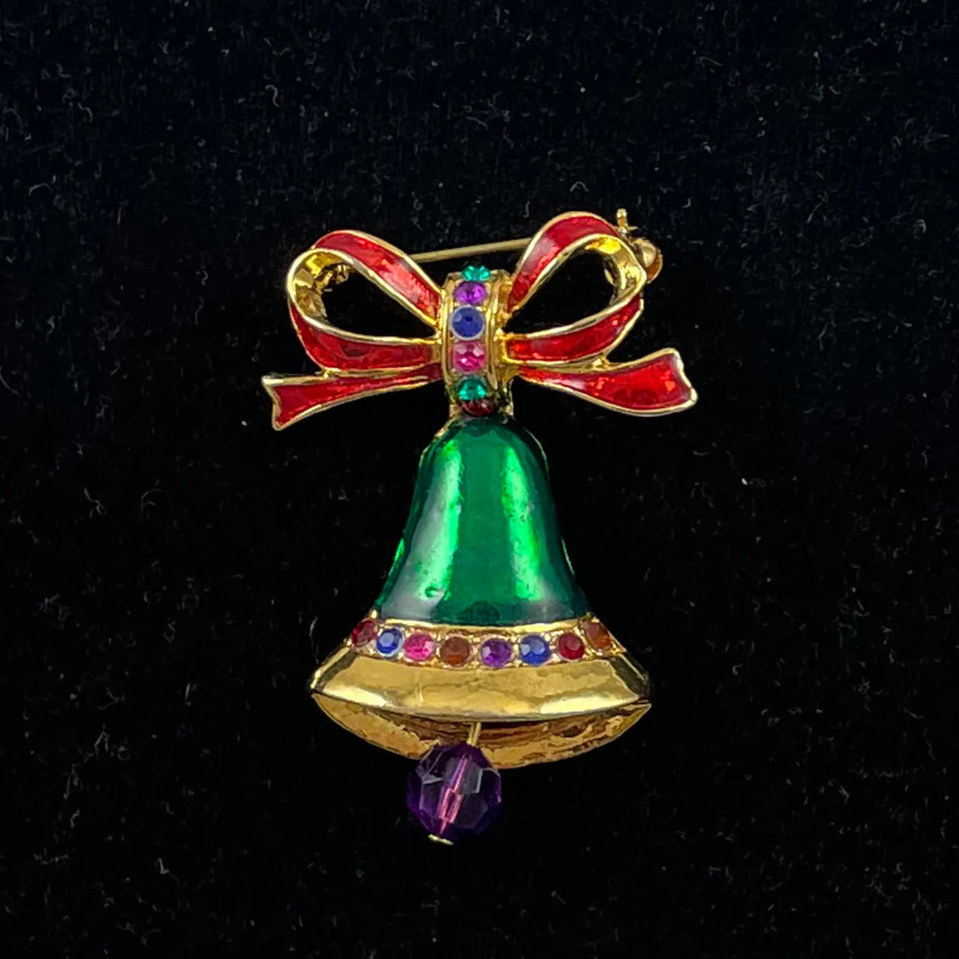 Rhinestone & Enamel Christmas Bell Brooch Vintage