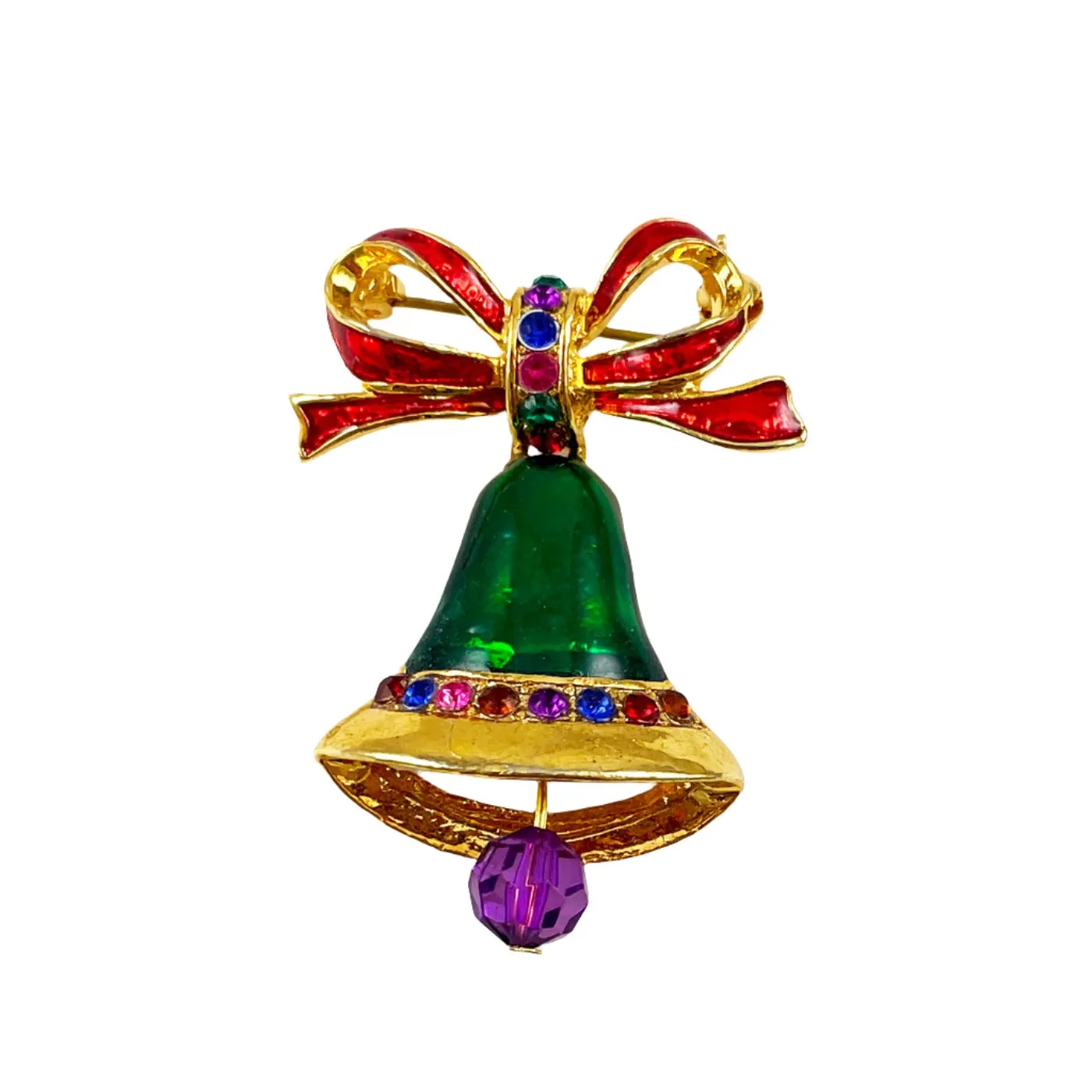 Rhinestone & Enamel Christmas Bell Brooch Vintage