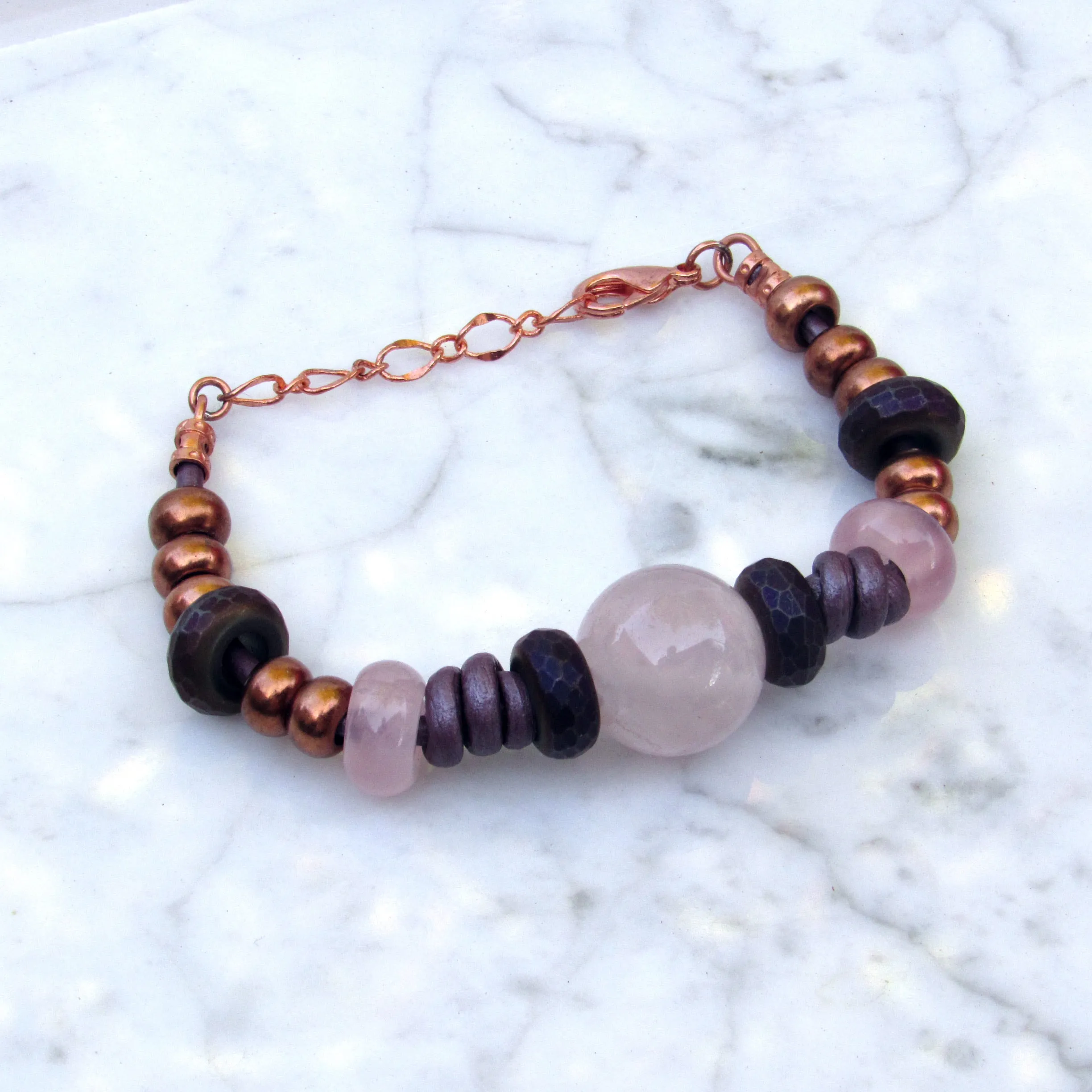 Rose Quartz gemstone, Copper, and Hematite Leather Bracelet