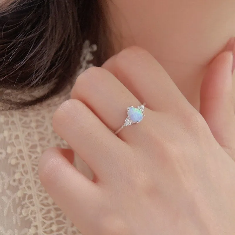 S925 Silver Water Drop Cute White Opal Ring