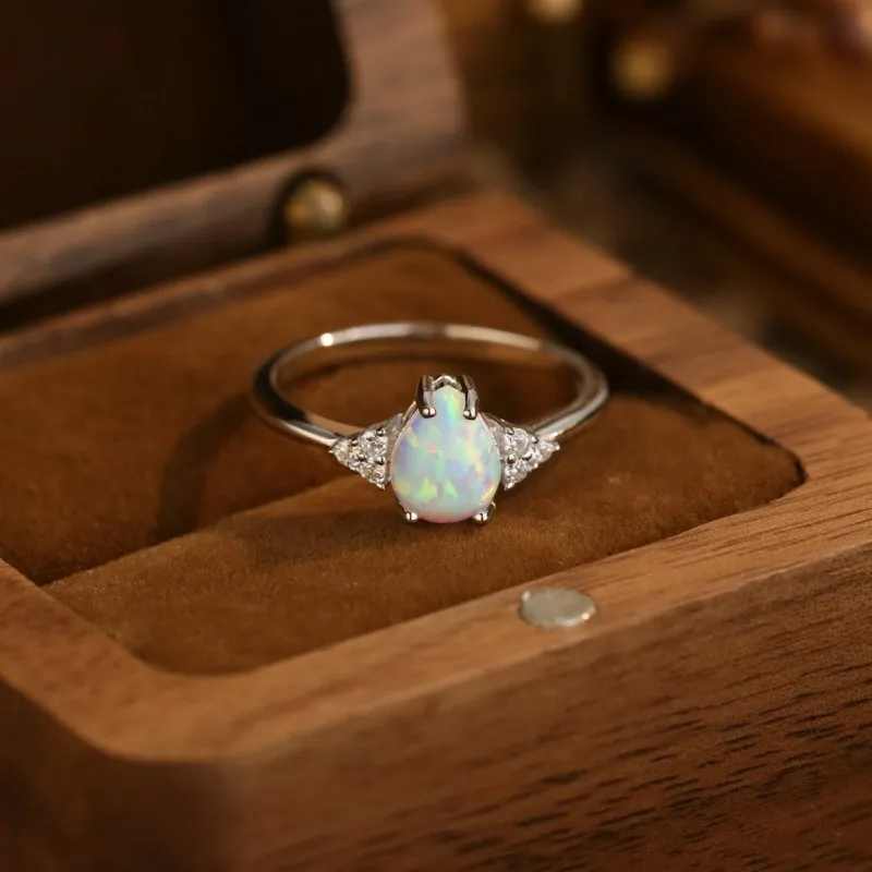 S925 Silver Water Drop Cute White Opal Ring