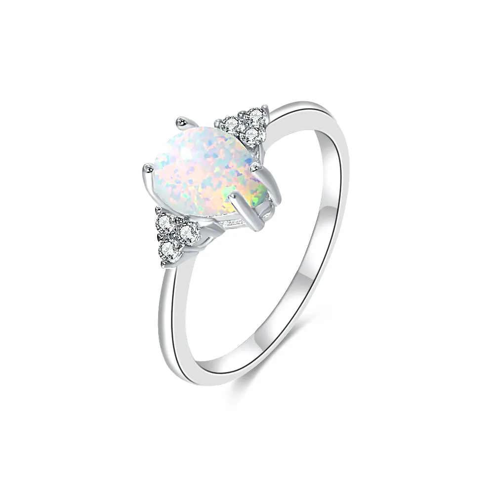 S925 Silver Water Drop Cute White Opal Ring