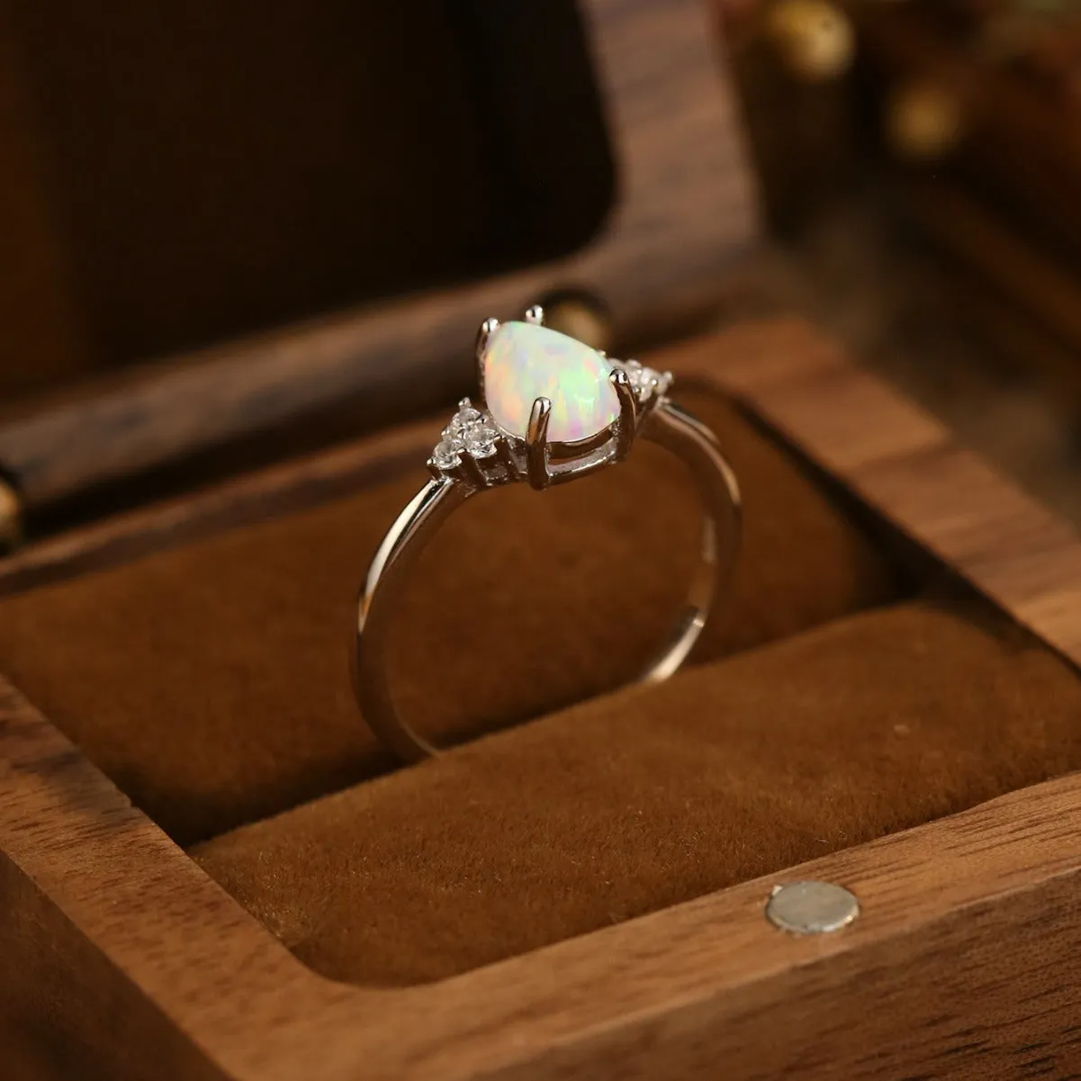 S925 Silver Water Drop Cute White Opal Ring