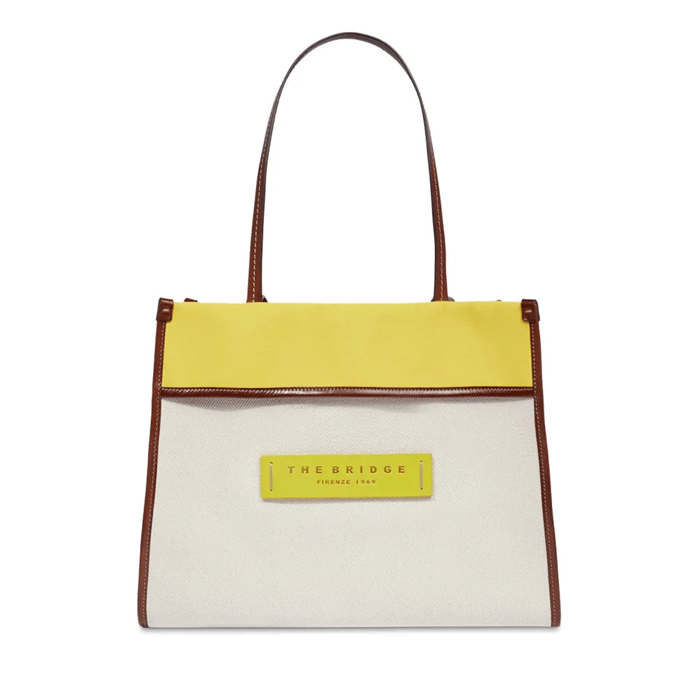 Shopping Bag THE BRIDGE linea Elisa in Cotone e Pelle Naturale Lime e Marrone