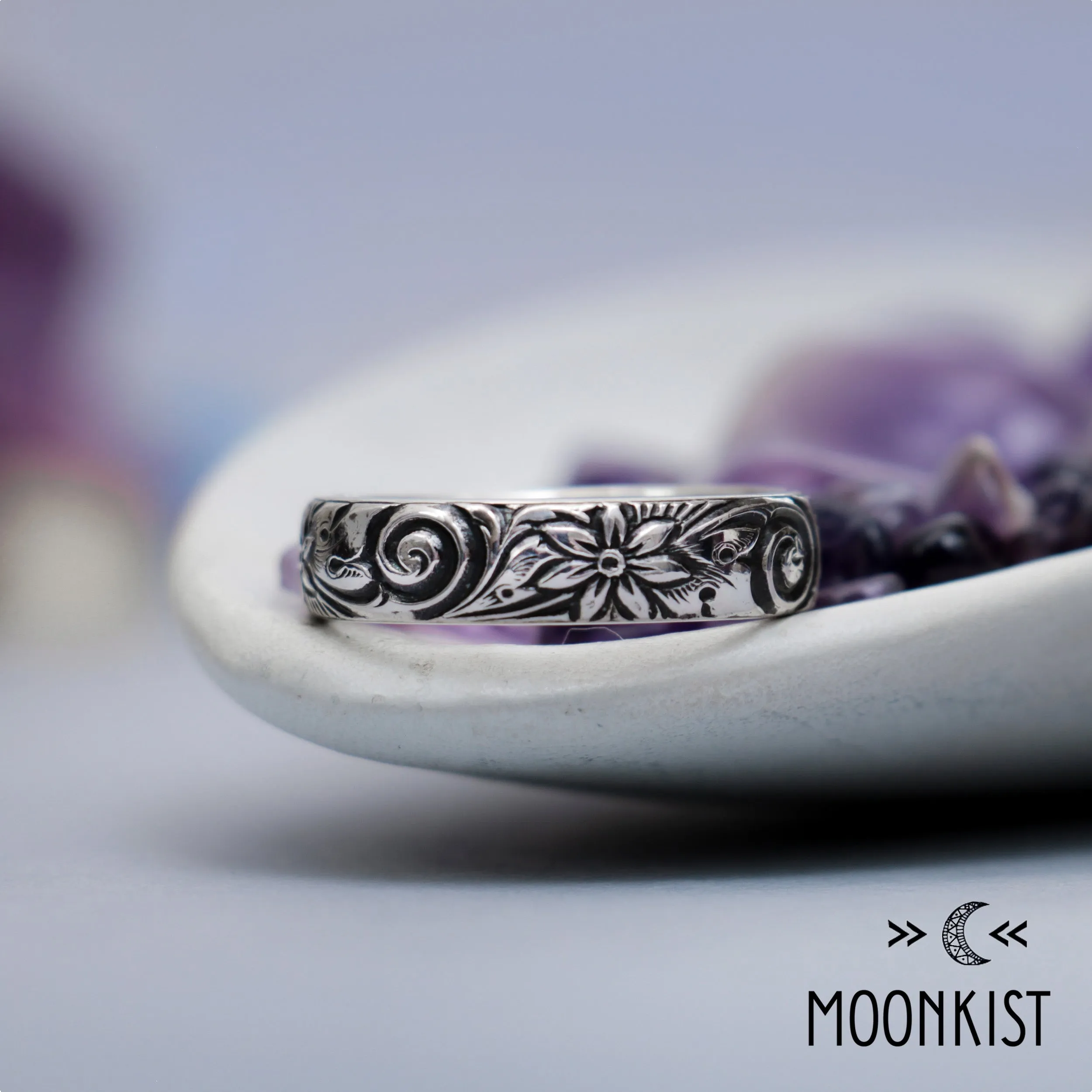 Silver Free Spirit Spiral and Flower Wedding Ring | Moonkist Designs