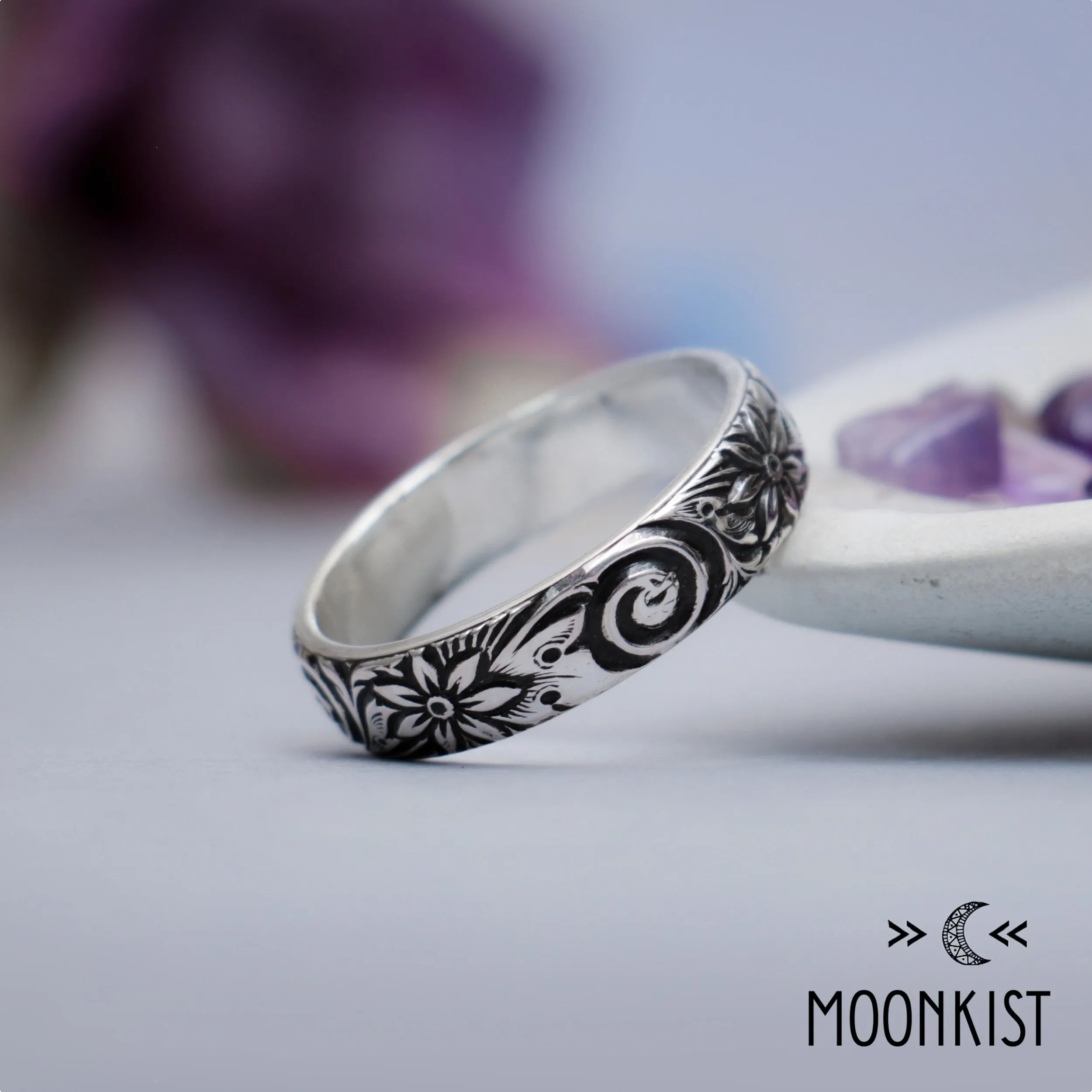 Silver Free Spirit Spiral and Flower Wedding Ring | Moonkist Designs