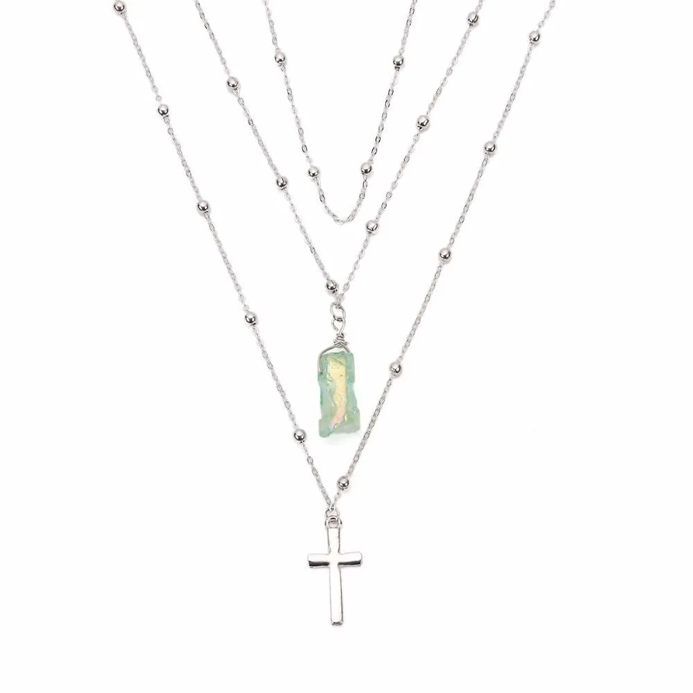 Silver Multi-layer Chain Necklace with Jade Crystal and Silver Cross Pendants