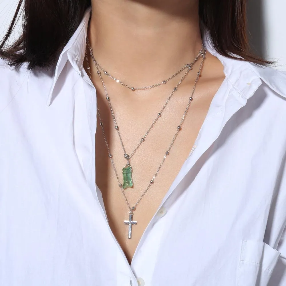 Silver Multi-layer Chain Necklace with Jade Crystal and Silver Cross Pendants