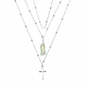 Silver Multi-layer Chain Necklace with Jade Crystal and Silver Cross Pendants