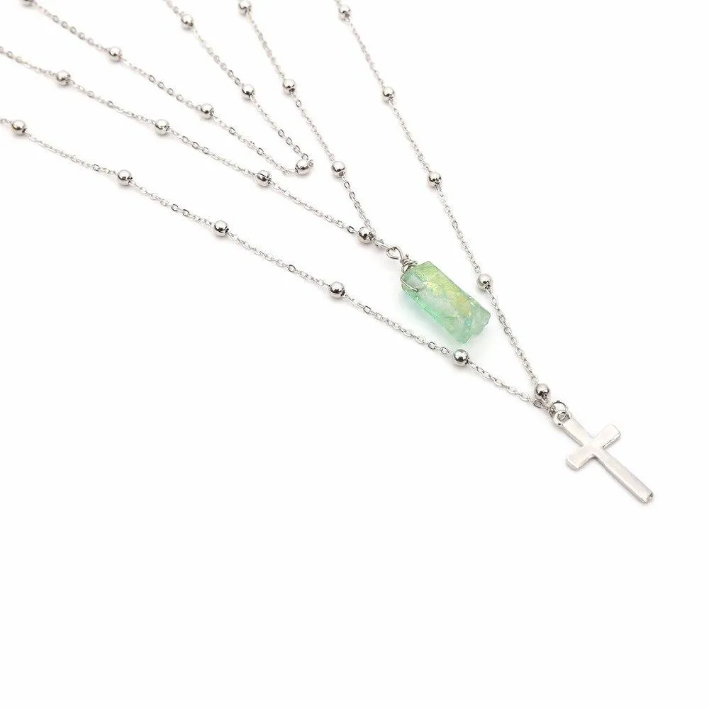 Silver Multi-layer Chain Necklace with Jade Crystal and Silver Cross Pendants