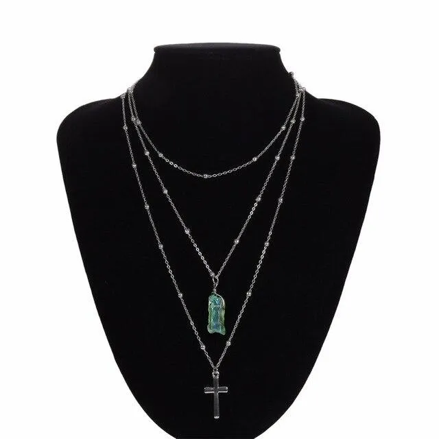 Silver Multi-layer Chain Necklace with Jade Crystal and Silver Cross Pendants