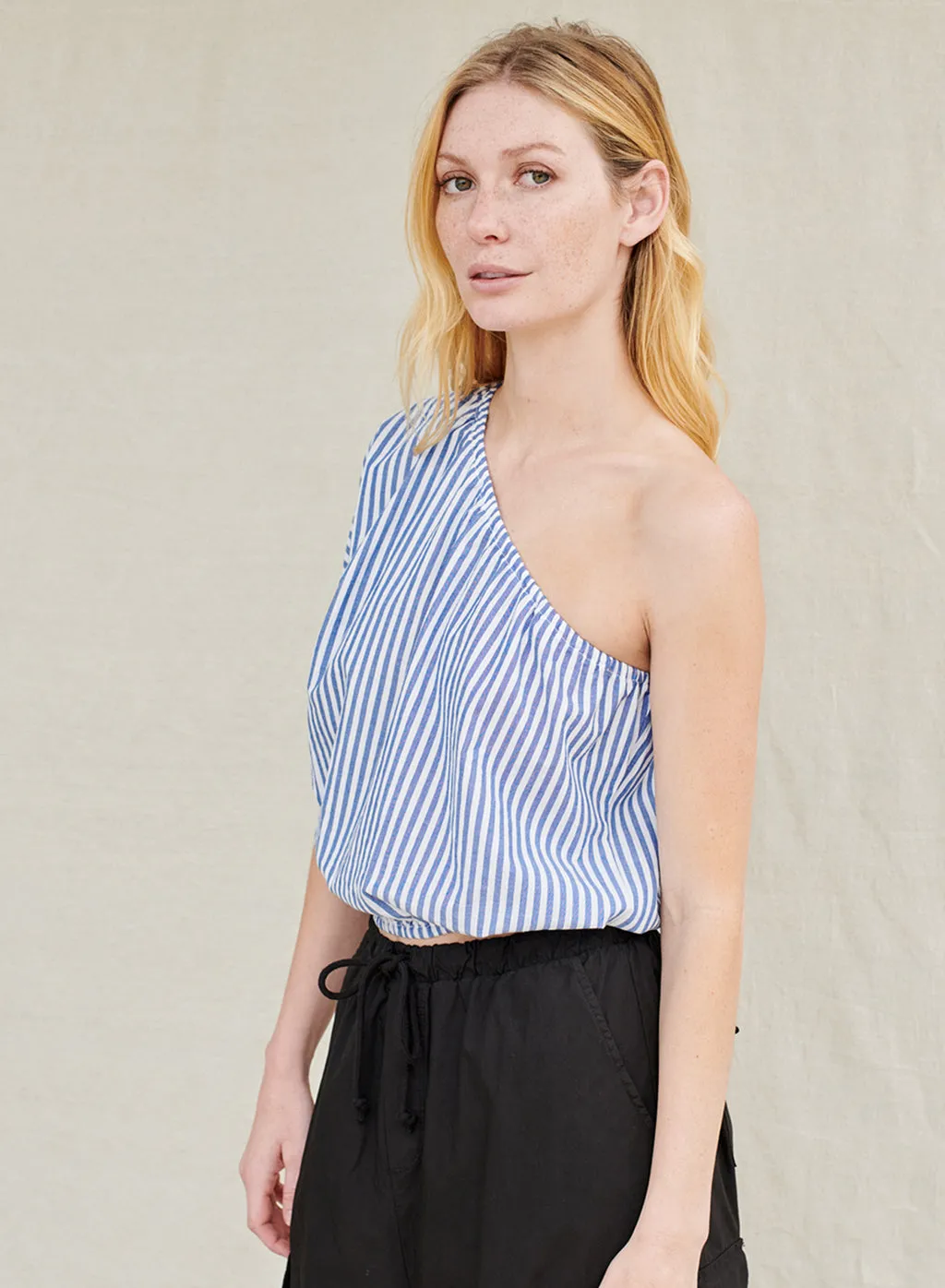 Stripe Poplin One-shoulder Top in Denim