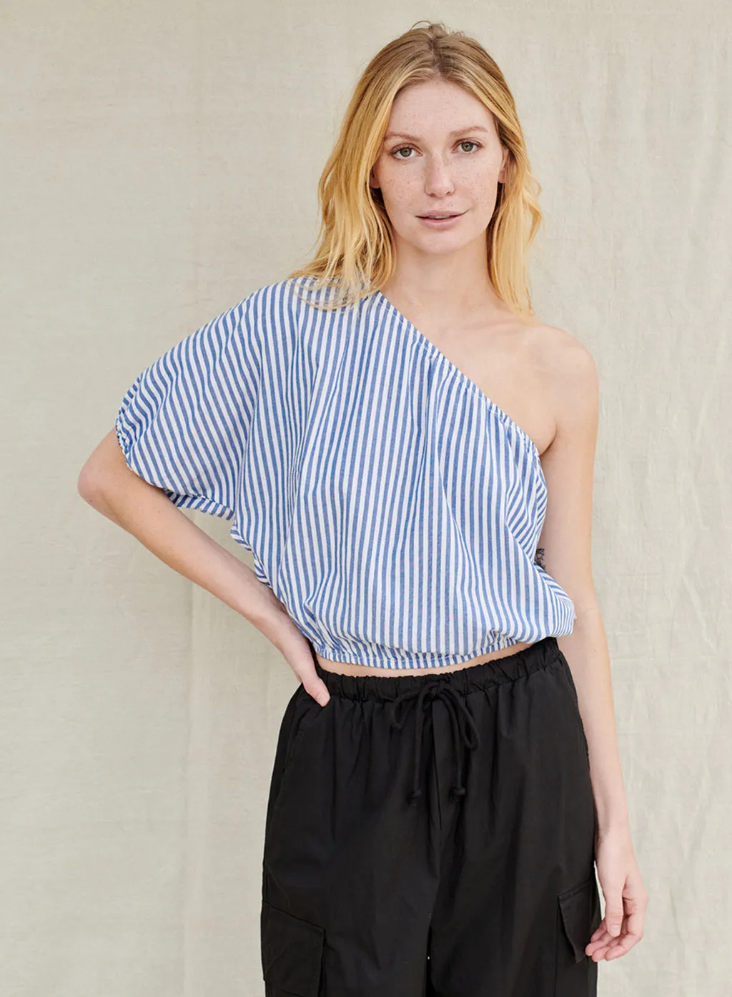 Stripe Poplin One-shoulder Top in Denim