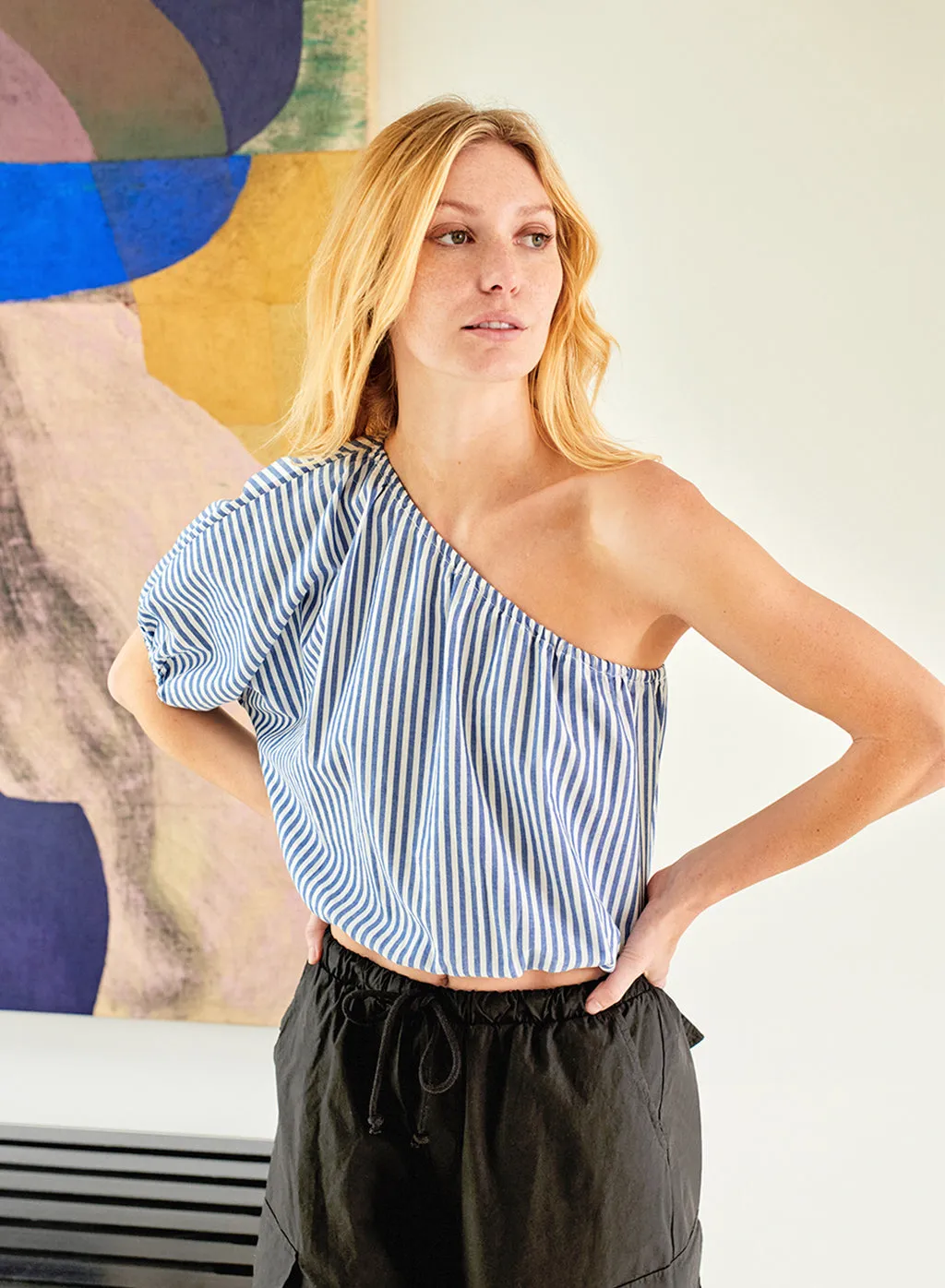 Stripe Poplin One-shoulder Top in Denim