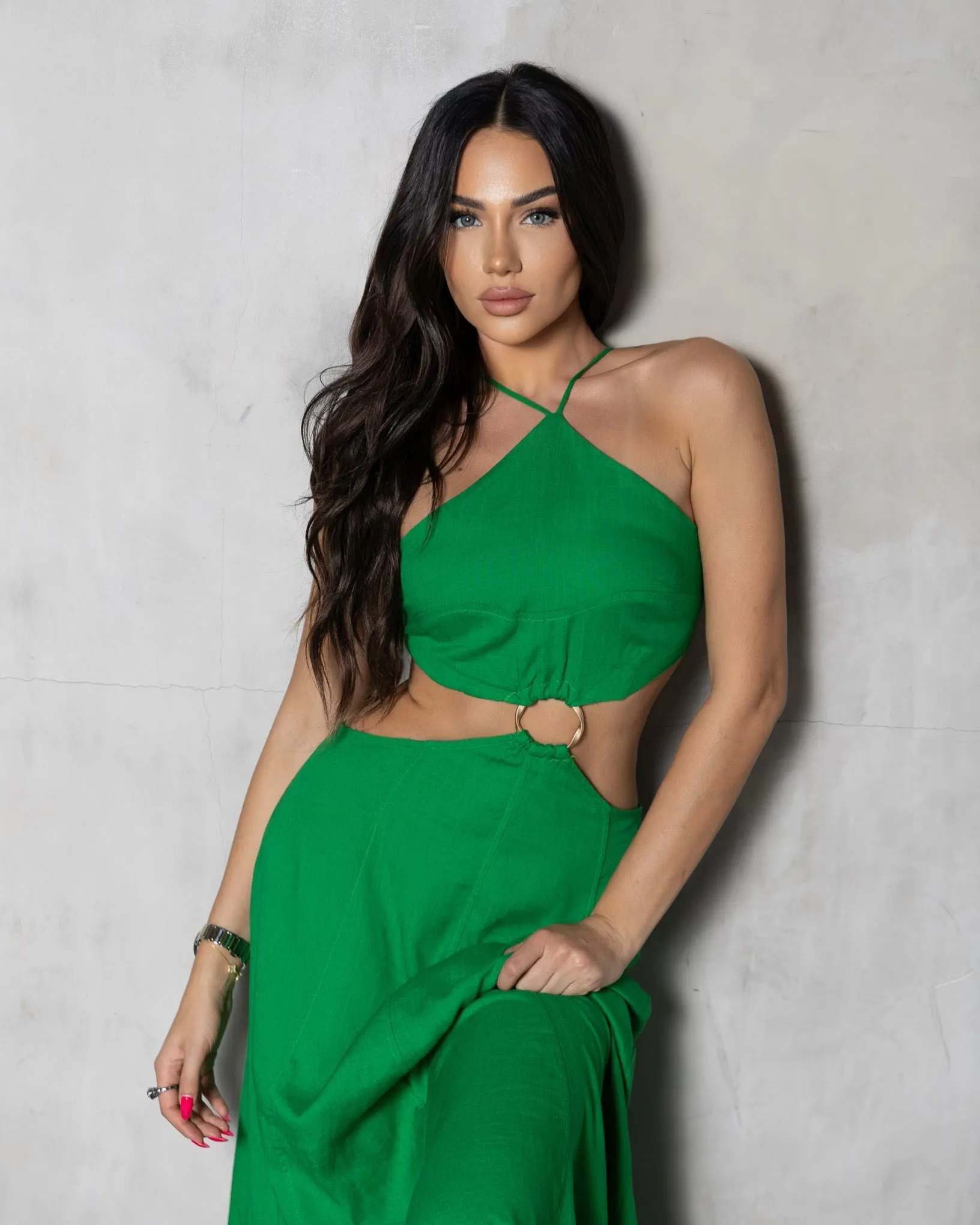 ‘Summer Nights' Linen Cutout Dress in green