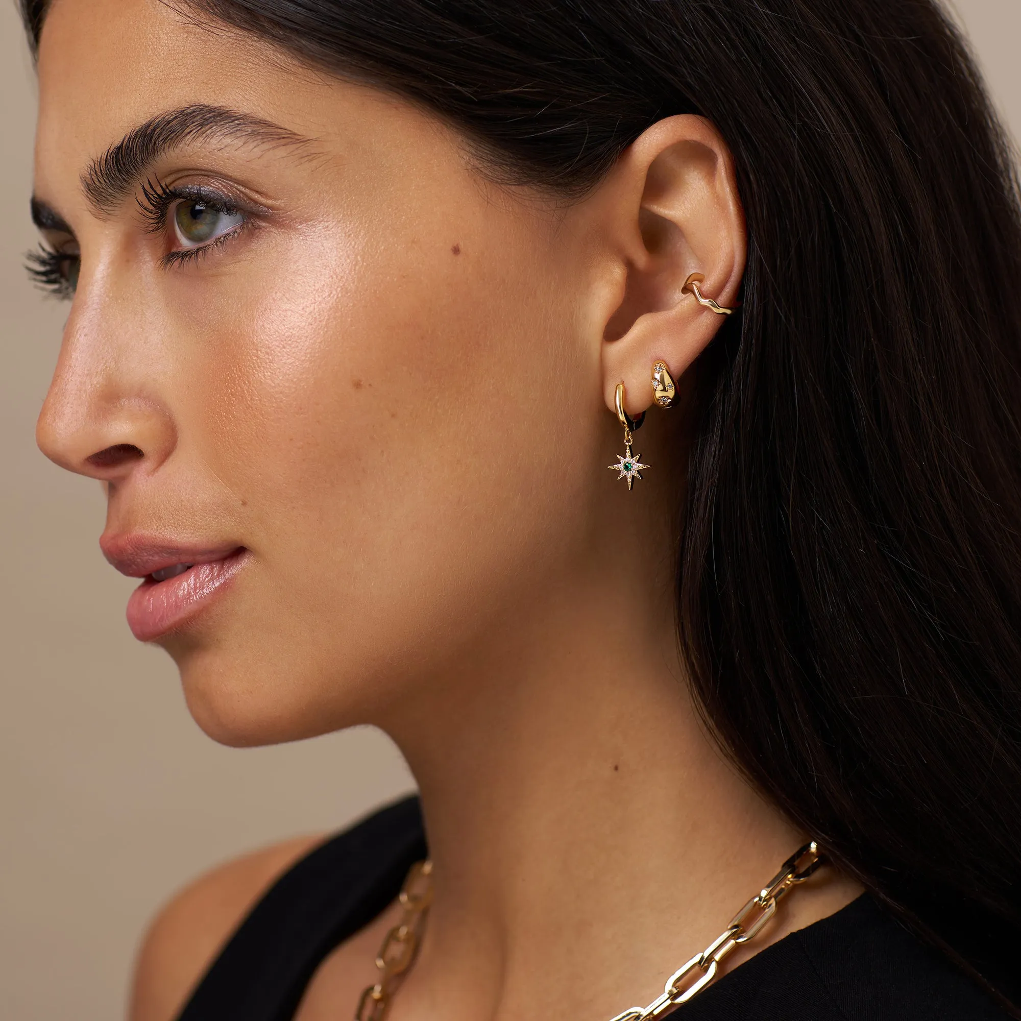 Tapered Crystal Starburst Huggie Hoop Earrings - Gold