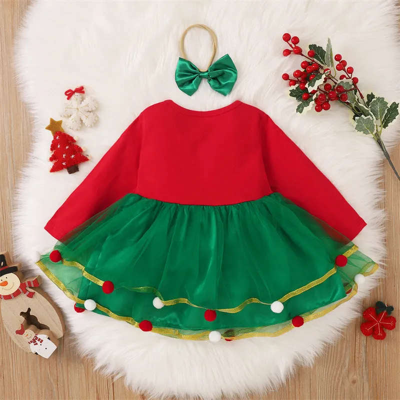 Toddler Kids Girls Solid Cartoon Christmas Tree Mesh Mosaic Wool Ball Dress