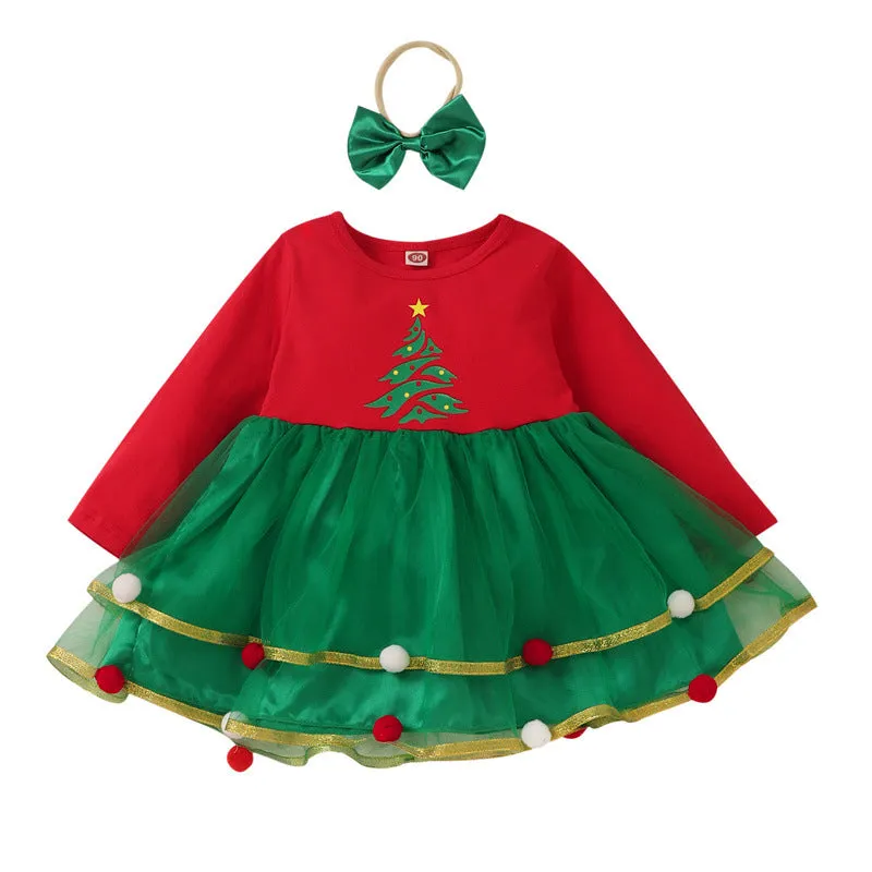 Toddler Kids Girls Solid Cartoon Christmas Tree Mesh Mosaic Wool Ball Dress