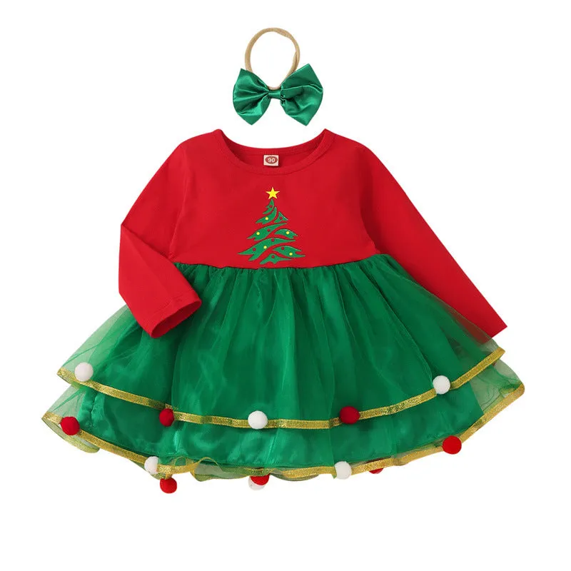 Toddler Kids Girls Solid Cartoon Christmas Tree Mesh Mosaic Wool Ball Dress