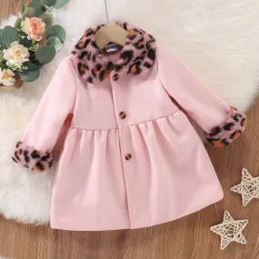 Toddler Kids Girls Solid Color Leopard Print Stitching Long Sleeve Button Cardigan Jacket